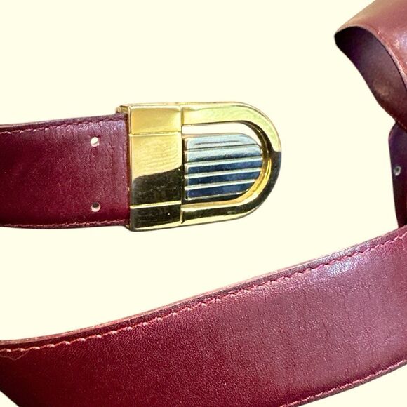 1970’s YSL Yves Saint Laurent burgundy leather belt gold silver buckle 32/80 - Picture 4 of 7